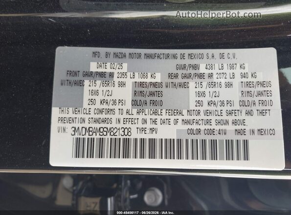 3MVDMBAM9SM821308 2025 MAZDA CX-30 Black Вид підкапотного простору