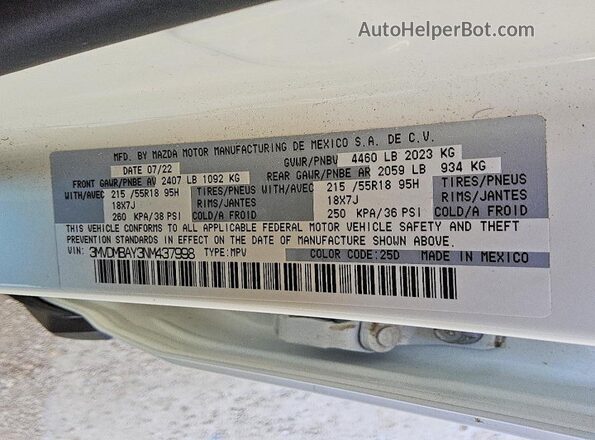 3MVDMBAY3NM437998 2022 MAZDA CX-30 White VIN sticker view