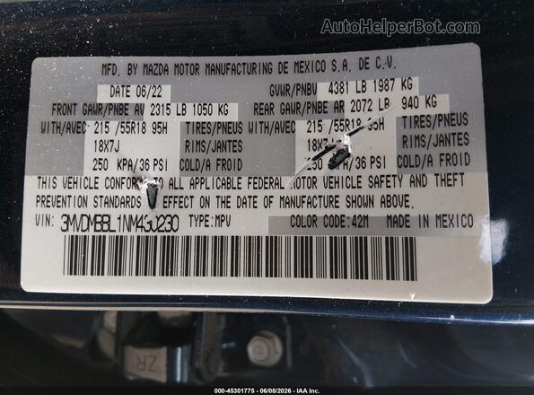 3MVDMBBL1NM430230 2022 MAZDA CX-30 Blue Շարժիչի բաժամունքի տեսք