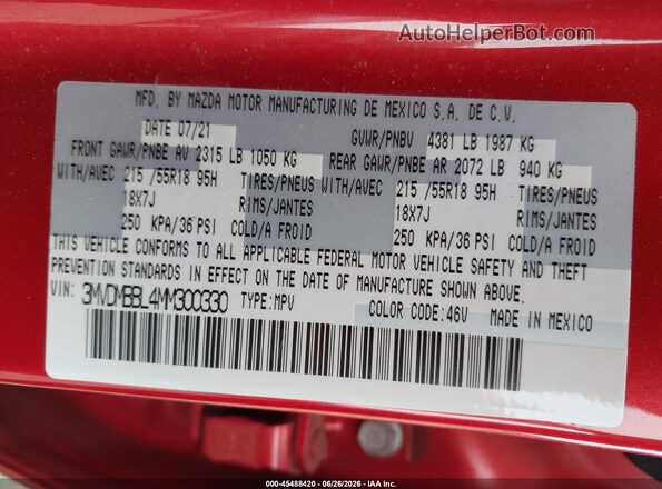 3MVDMBBL4MM300330 2021 MAZDA CX-30 Red ძრავის განყოფილების ხედი