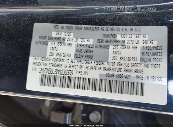 3MVDMBBL8MM235398 2021 MAZDA CX-30 Blue Widok komory silnika