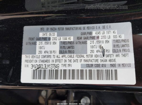 3MVDMBCL3LM137649 2020 MAZDA CX-30 Black ძრავის განყოფილების ხედი