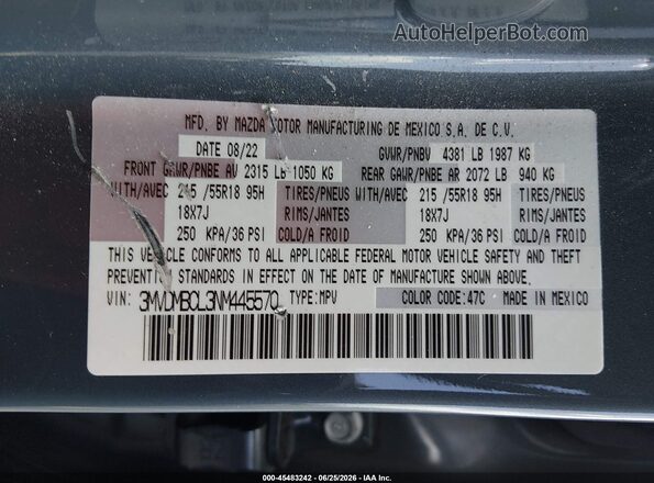 3MVDMBCL3NM445570 2022 MAZDA CX-30 Gray Engine compartment view