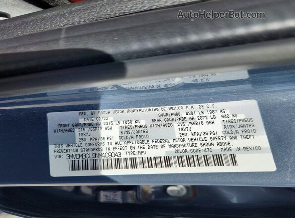 3MVDMBCL9NM409043 2022 MAZDA CX-30 Blue VIN sticker view