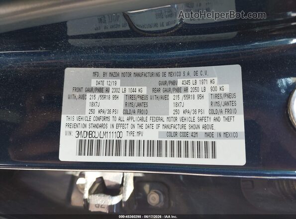 3MVDMBCLXLM111100 2020 MAZDA CX-30 Blue ძრავის განყოფილების ხედი