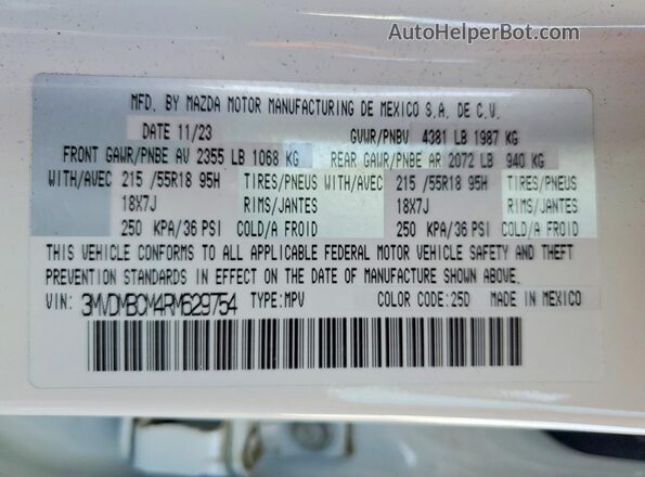 3MVDMBCM4RM629754 2024 MAZDA CX-30 White VIN კოდის სტიკერის ხედი