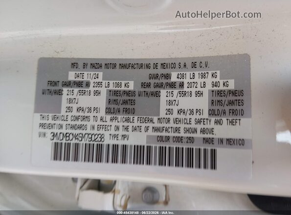 3MVDMBCM4SM790238 2025 MAZDA CX-30 White Widok komory silnika