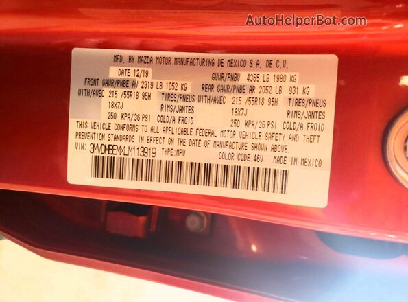 3MVDMBEMXLM113919 2020 MAZDA CX-30 Red VIN sticker view