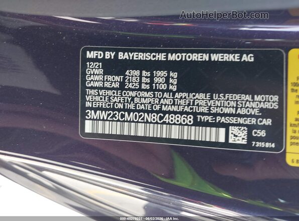3MW23CM02N8C48868 2022 BMW 2 SERIES Purple Вид підкапотного простору