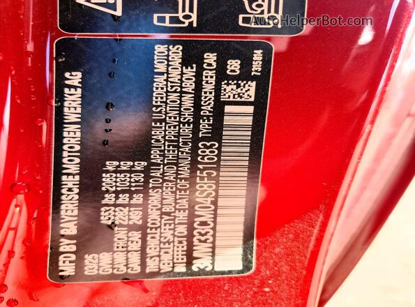 3MW33CM04S8F51683 2025 BMW 2 SERIES Red VIN კოდის სტიკერის ხედი