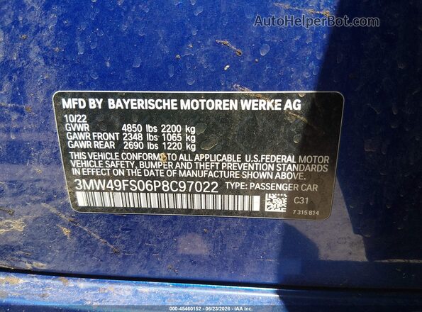 3MW49FS06P8C97022 2023 BMW M3 Blue Շարժիչի բաժամունքի տեսք