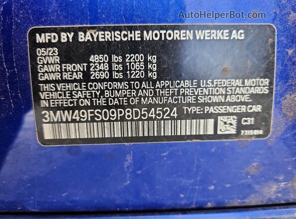 3MW49FS09P8D54524 2023 BMW M3 Blue ძრავის განყოფილების ხედი