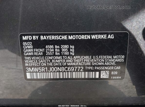 3MW5R1J00N8C69772 2022 BMW 3 SERIES Gray Widok komory silnika