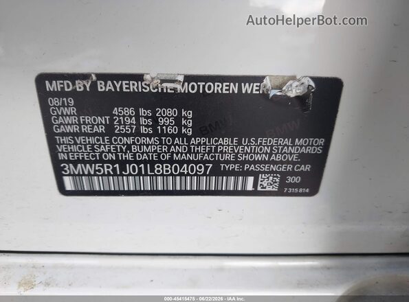 3MW5R1J01L8B04097 2020 BMW 3 SERIES White Vista del compartimento del motor