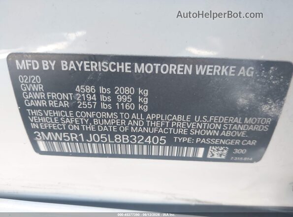 3MW5R1J05L8B32405 2020 BMW 3 SERIES Белый Вид подкапотного пространства