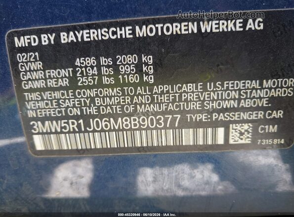 3MW5R1J06M8B90377 2021 BMW 7 SERIES Blue ძრავის განყოფილების ხედი