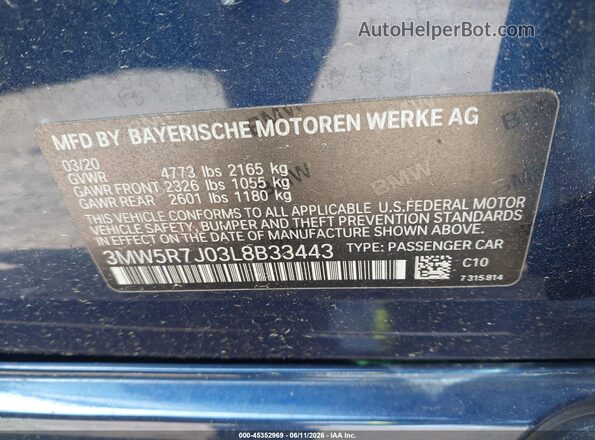 3MW5R7J03L8B33443 2020 BMW 3 SERIES Blue Vista de la etiqueta del VIN