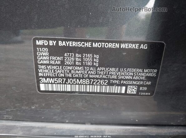 3MW5R7J05M8B72262 2021 BMW 3 SERIES Gray Շարժիչի բաժամունքի տեսք
