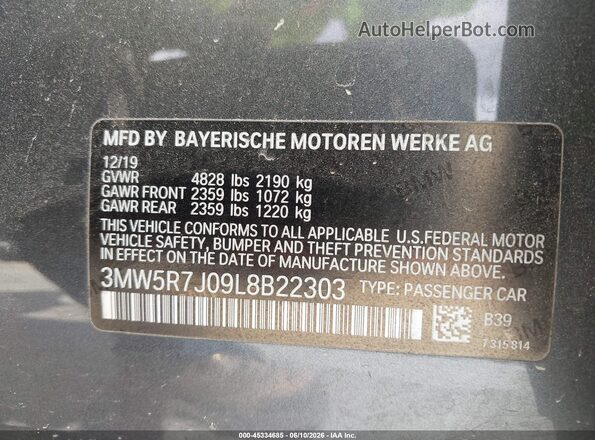 3MW5R7J09L8B22303 2020 BMW 3 SERIES Gray Շարժիչի բաժամունքի տեսք