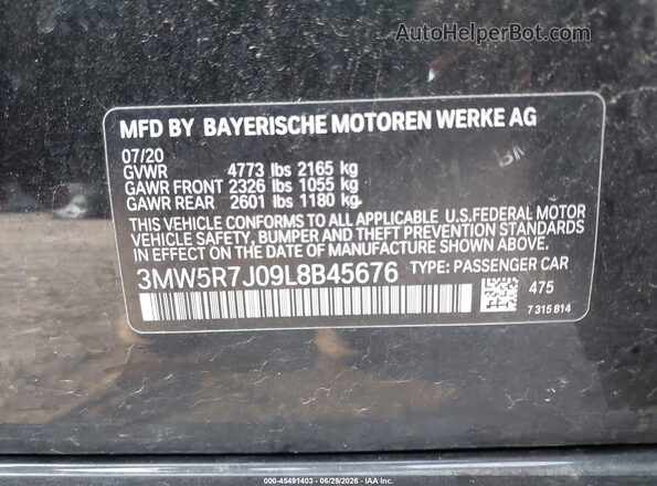 3MW5R7J09L8B45676 2020 BMW 3 SERIES Black Engine compartment view