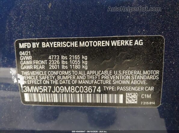 3MW5R7J09M8C03674 2021 BMW 3 SERIES Blue Engine compartment view