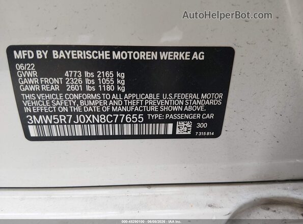 3MW5R7J0XN8C77655 2022 BMW 3 SERIES White Vista del compartimento del motor