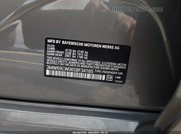 3MW69CW06S8F34165 2025 BMW 3 SERIES Gray ძრავის განყოფილების ხედი