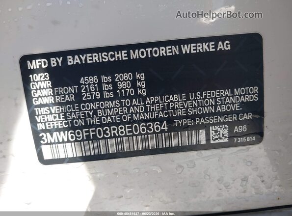3MW69FF03R8E06364 2024 BMW 3 SERIES White Widok komory silnika