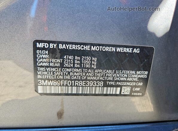 3MW89FF01R8E39338 2024 BMW 3 SERIES Gray Вид наклейки з VIN-кодом