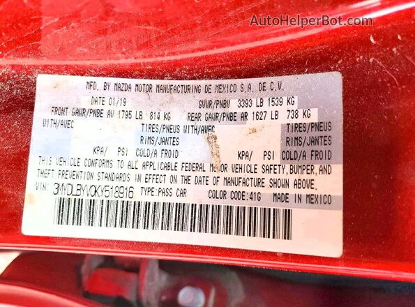3MYDLBYV0KY518916 2019 TOYOTA YARIS Red Вид наклейки з VIN-кодом