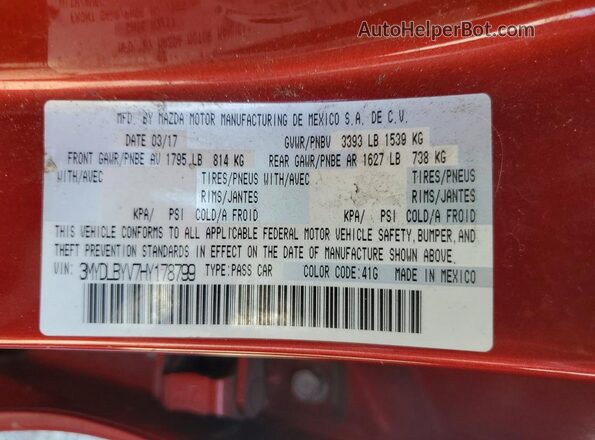 3MYDLBYV7HY178799 2017 TOYOTA YARIS Red Vista de la etiqueta del VIN