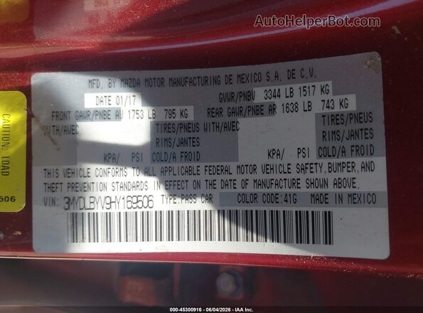 3MYDLBYV9HY169506 2017 TOYOTA YARIS IA Red Vista del compartimento del motor