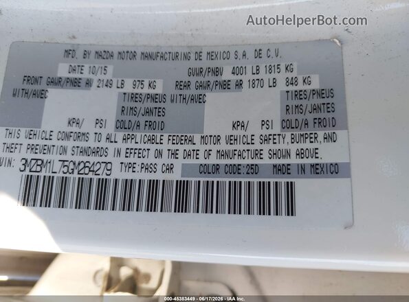 3MZBM1L75GM264279 2016 MAZDA 3 White ძრავის განყოფილების ხედი