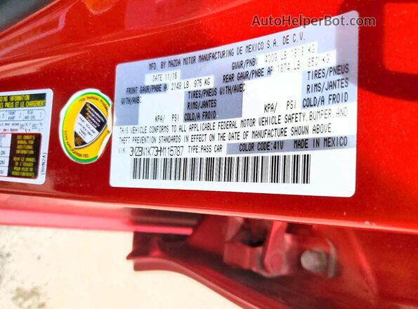3MZBN1K73HM115787 2017 MAZDA 3 Red VIN კოდის სტიკერის ხედი