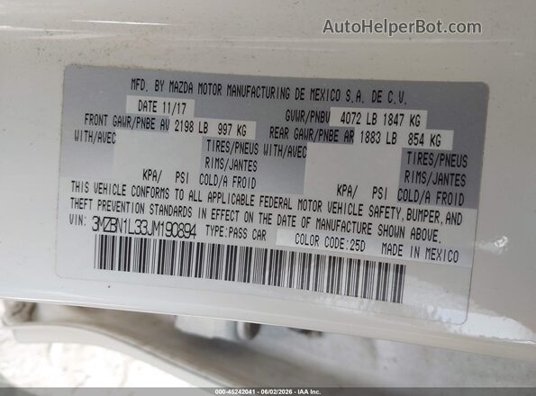 3MZBN1L33JM190894 2018 MAZDA 3 White Engine compartment view