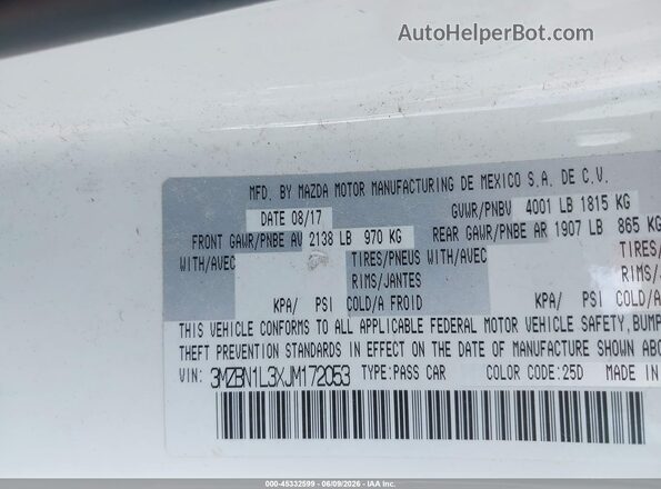 3MZBN1L3XJM172053 2018 MAZDA 3 White Widok komory silnika