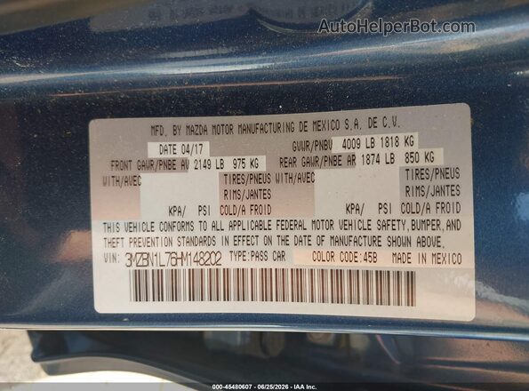 3MZBN1L76HM148202 2017 MAZDA 3 Blue Engine compartment view