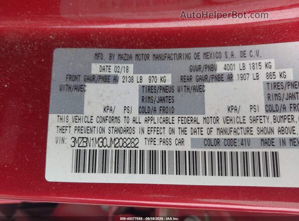 3MZBN1M30JM208282 2018 MAZDA 3 Red Widok komory silnika