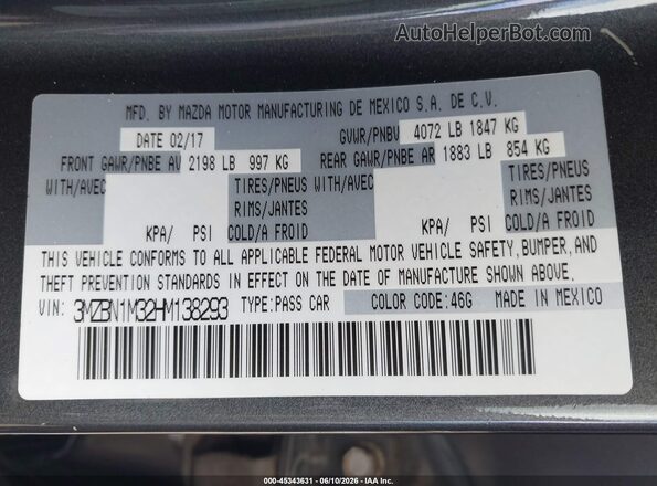 3MZBN1M32HM138293 2017 MAZDA 3 Gray 