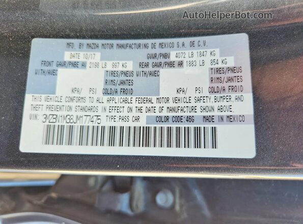 3MZBN1M38JM177475 2018 MAZDA MAZDA Gray Vista de la etiqueta del VIN