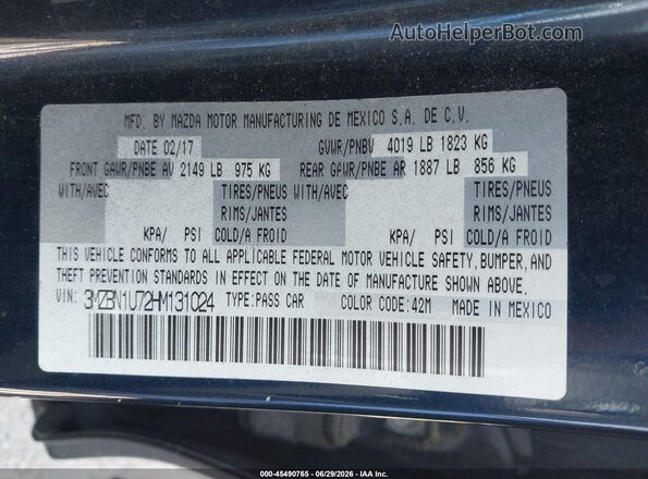 3MZBN1U72HM131024 2017 MAZDA 3 Blue Շարժիչի բաժամունքի տեսք