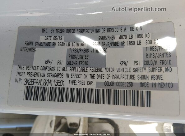 3MZBPAAL8KM113601 2019 MAZDA 3 White Вид підкапотного простору