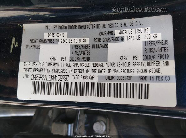 3MZBPAAL9KM109797 2019 MAZDA 3 Blue 