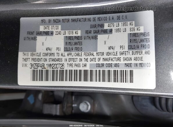 3MZBPABL1MM200726 2021 MAZDA 3 Gray Engine compartment view