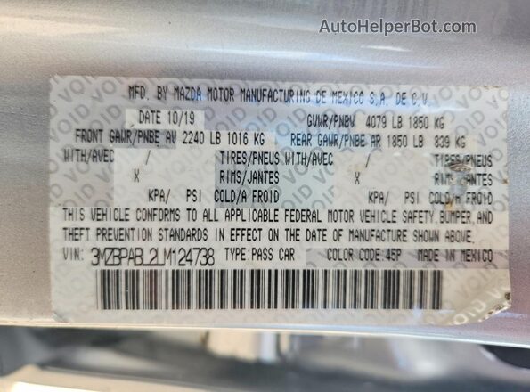 3MZBPABL2LM124738 2020 MAZDA 3 Silver Vista del compartimento del motor