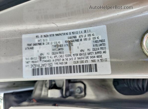 3MZBPABL2NM311593 2022 MAZDA 3 Beige Vista del compartimento del motor