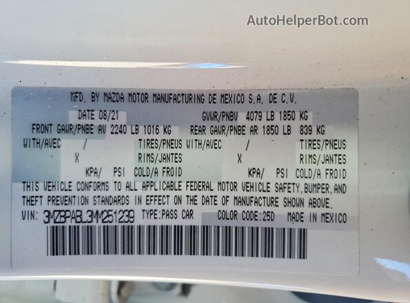 3MZBPABL3MM251239 2021 MAZDA 3 White Շարժիչի բաժամունքի տեսք