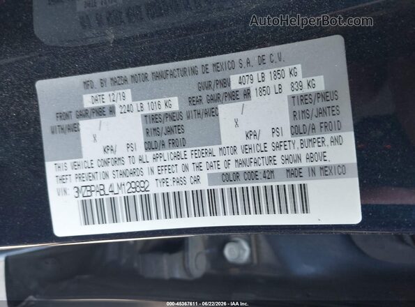 3MZBPABL4LM129892 2020 MAZDA 3 Синий Вид подкапотного пространства