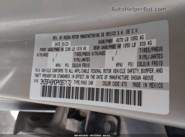 3MZBPABM0PM367172 2023 MAZDA 3 Tan ძრავის განყოფილების ხედი