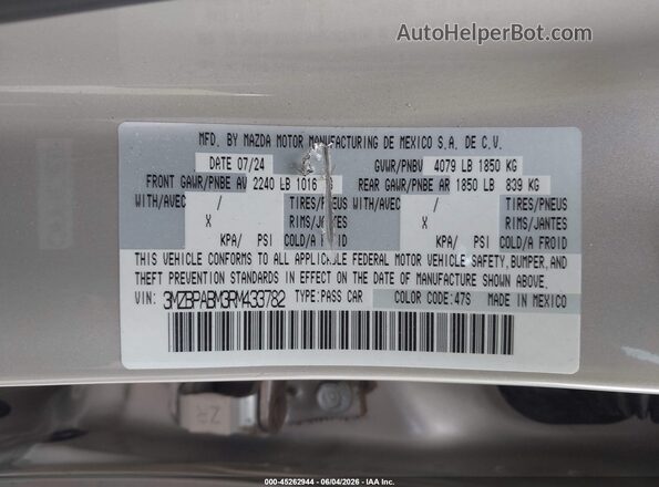 3MZBPABM3RM433782 2024 MAZDA 3 Tan ძრავის განყოფილების ხედი